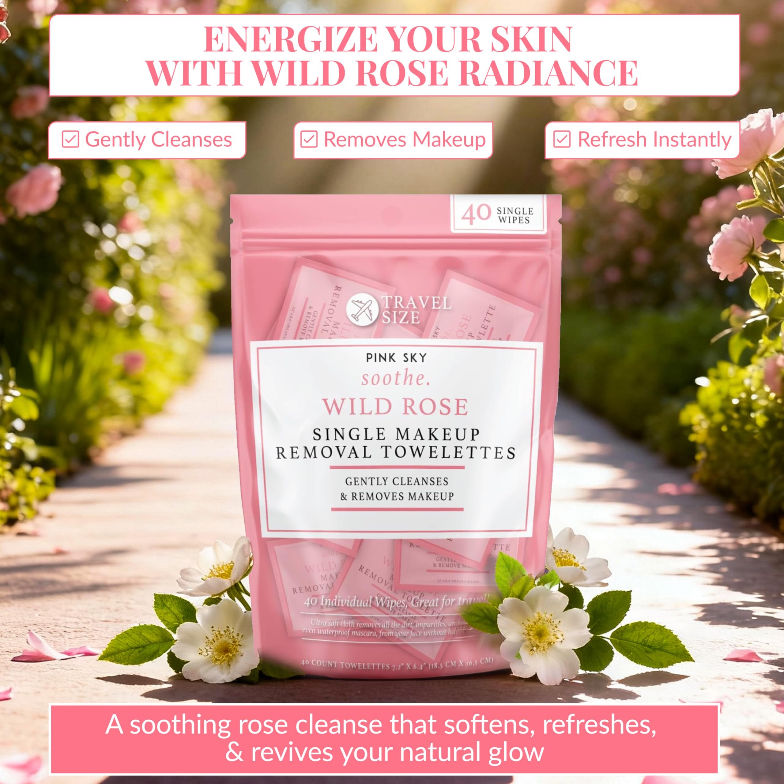Pink Sky Wild Rose Makeup Remover Wipes – 40-Count, Individually Wrapped, Hydrating Rose Facial Towelettes