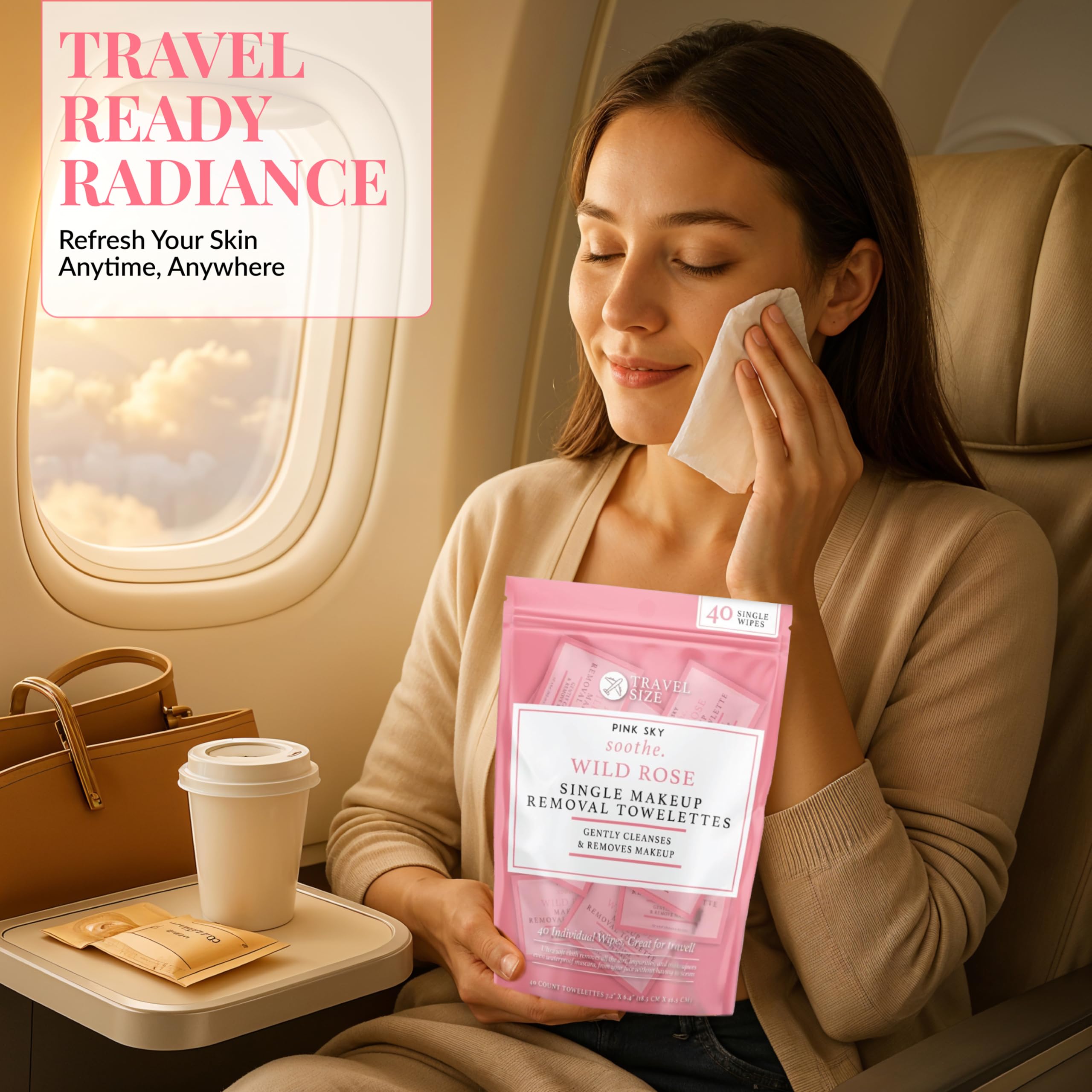 Pink Sky Wild Rose Makeup Remover Wipes – 40-Count, Individually Wrapped, Hydrating Rose Facial Towelettes