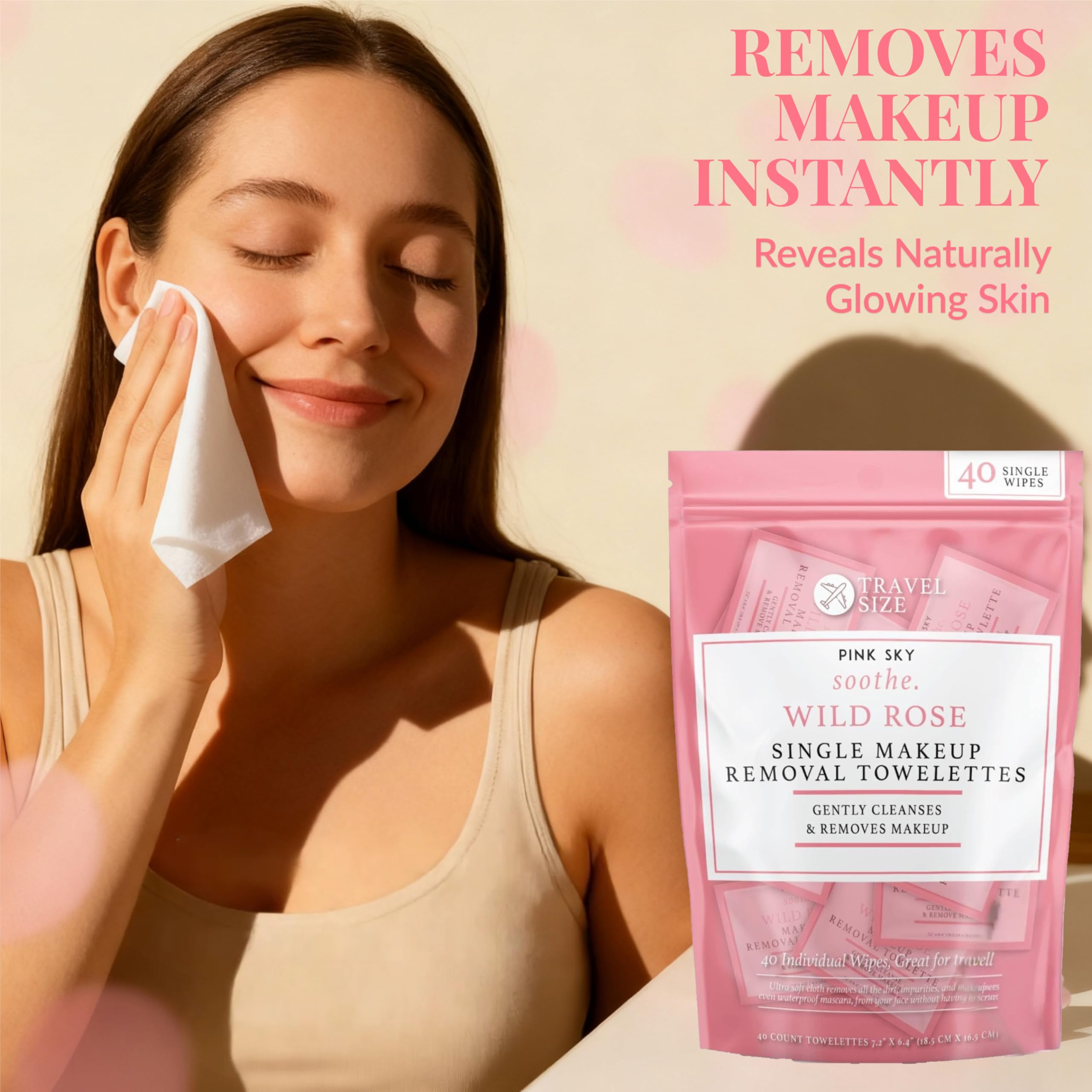 Pink Sky Wild Rose Makeup Remover Wipes – 40-Count, Individually Wrapped, Hydrating Rose Facial Towelettes