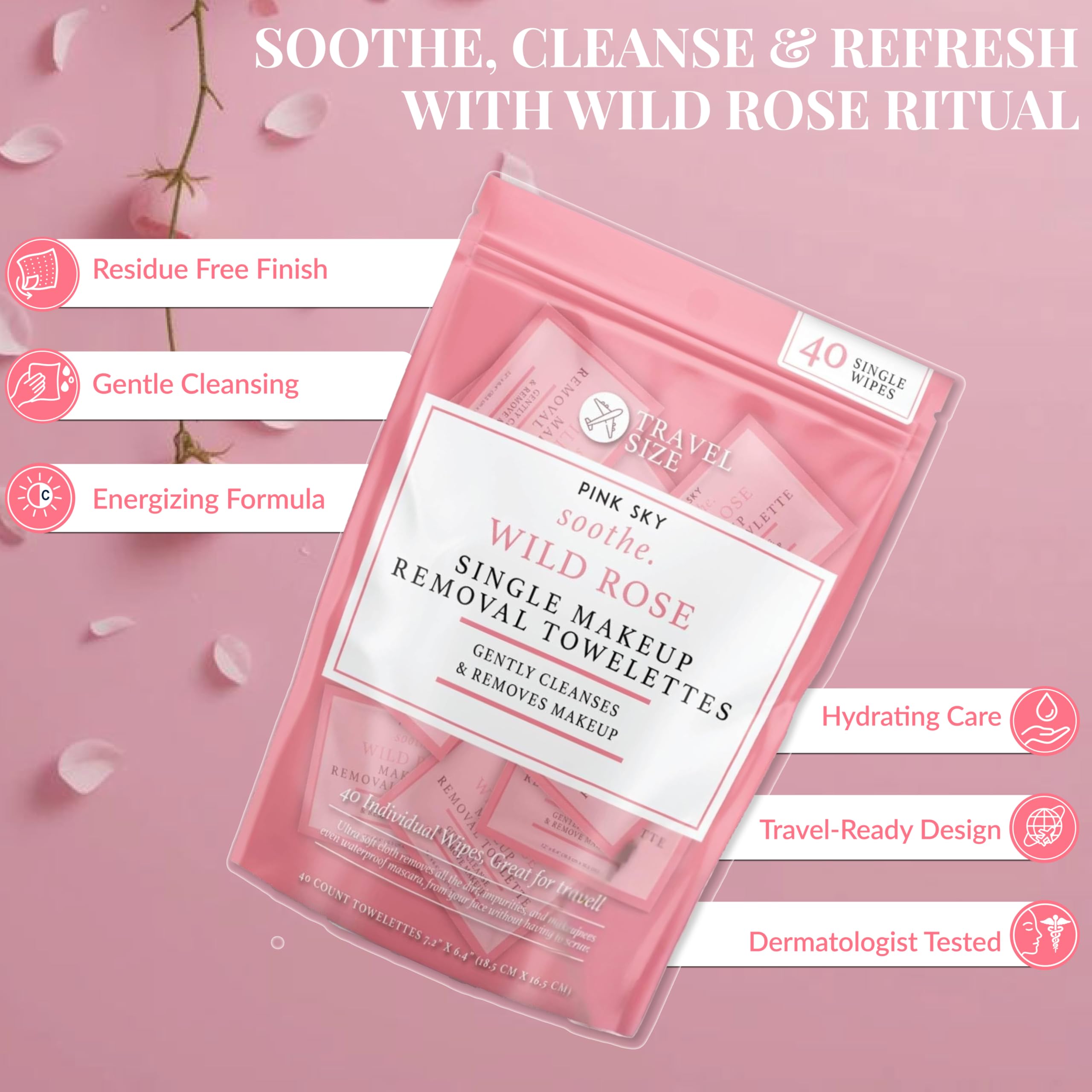 Pink Sky Wild Rose Makeup Remover Wipes – 40-Count, Individually Wrapped, Hydrating Rose Facial Towelettes