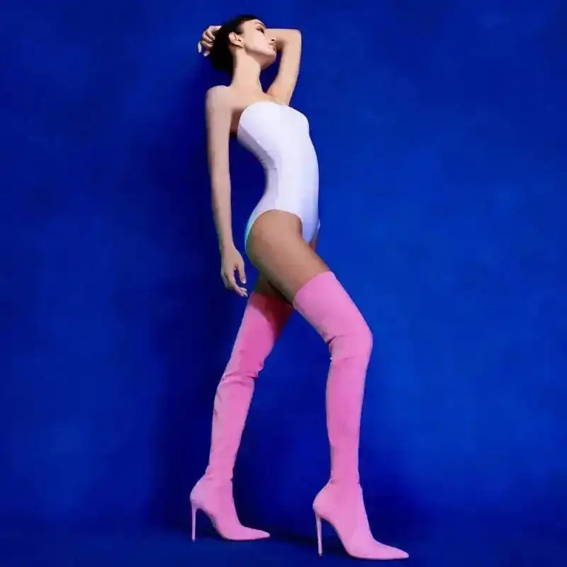 Pink Suede Elastic Over The Knee Boots High Heels