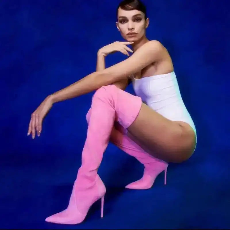 Pink Suede Elastic Over The Knee Boots High Heels