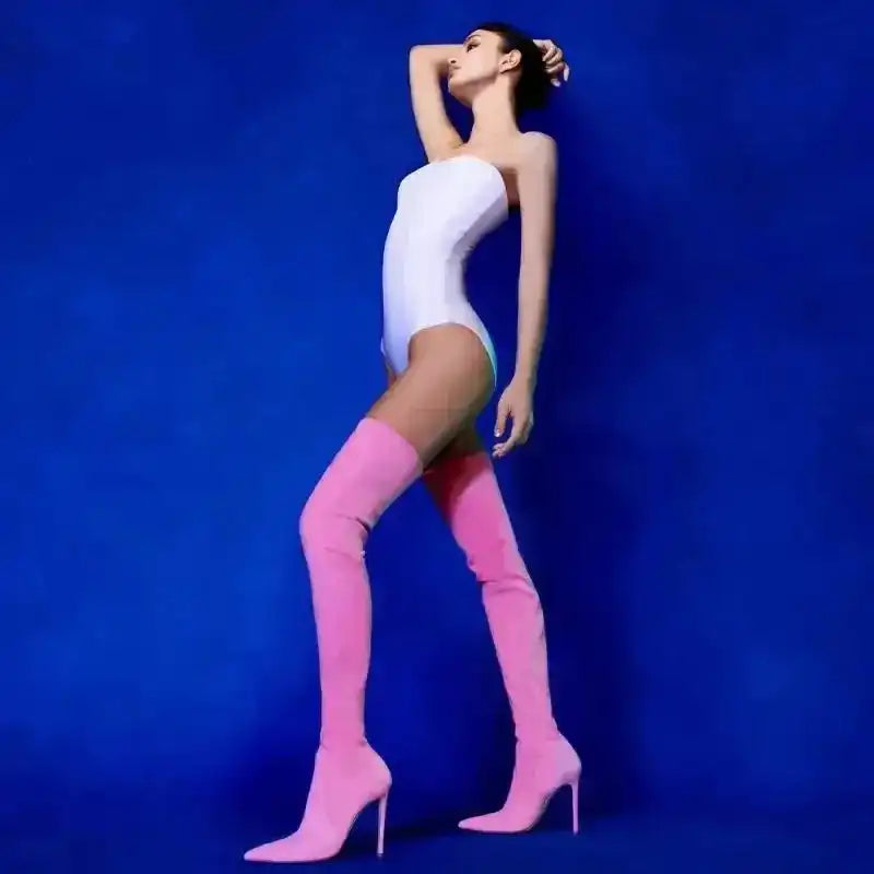 Pink Suede Elastic Over The Knee Boots High Heels