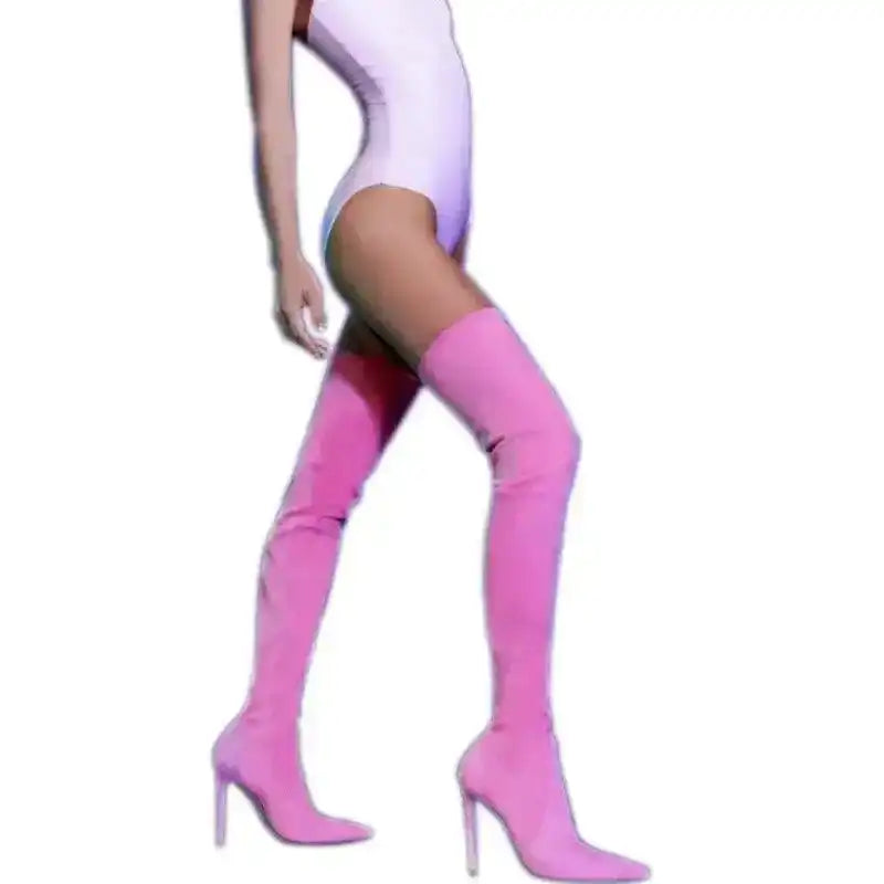 Pink Suede Elastic Over The Knee Boots High Heels