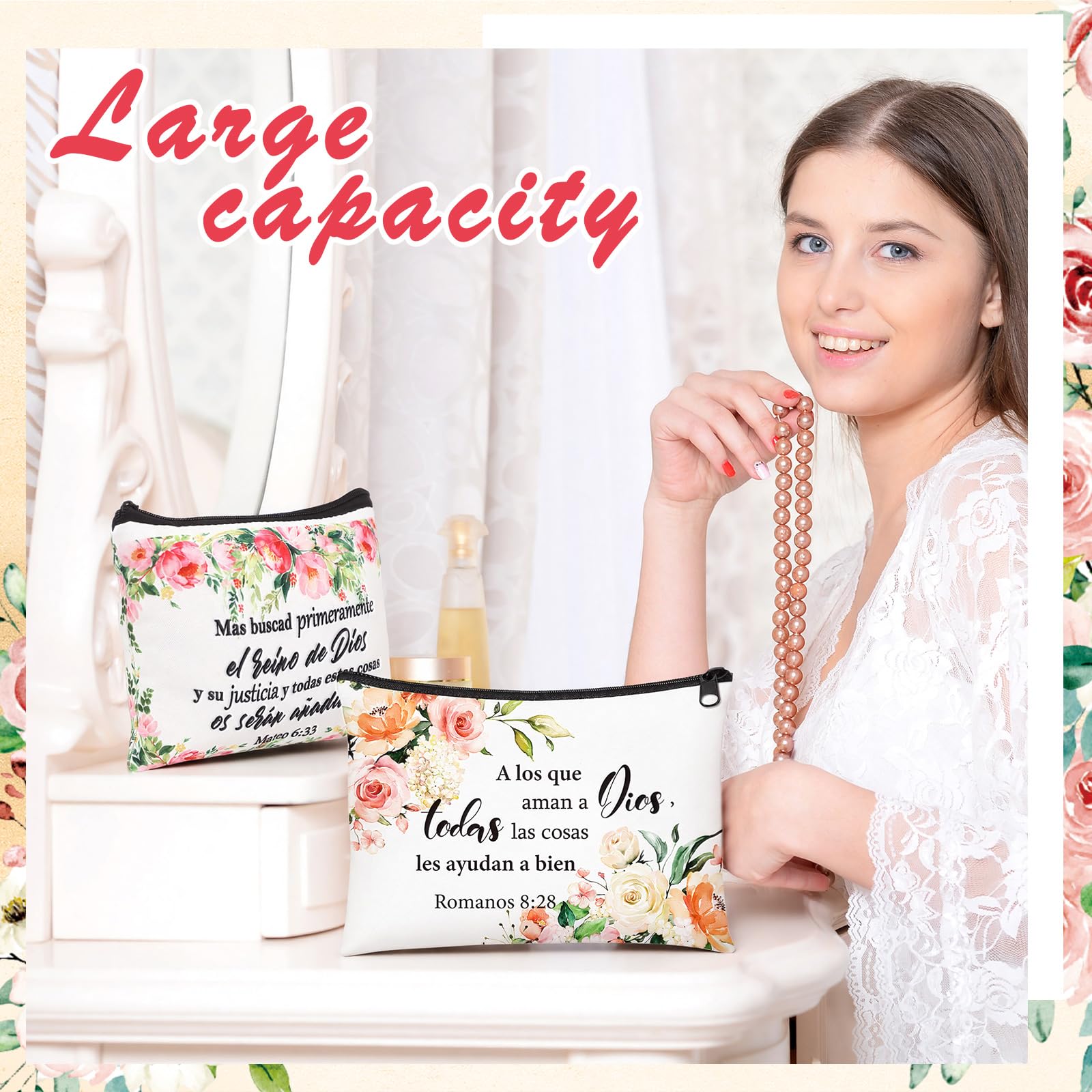 Pinkunn 16-Piece Spanish Floral Canvas Makeup Bags with Zipper – Inspirational Gift Set