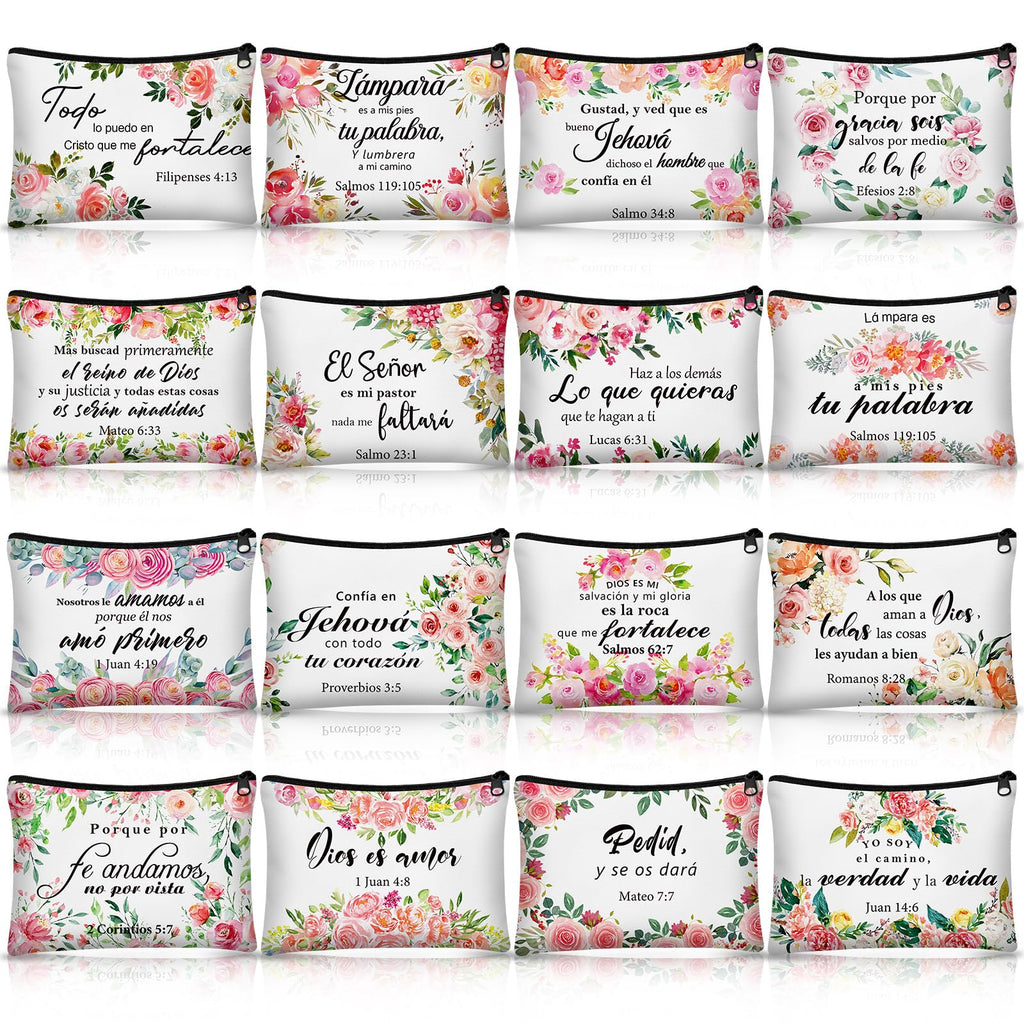 Pinkunn 16-Piece Spanish Floral Canvas Makeup Bags with Zipper – Inspirational Gift Set