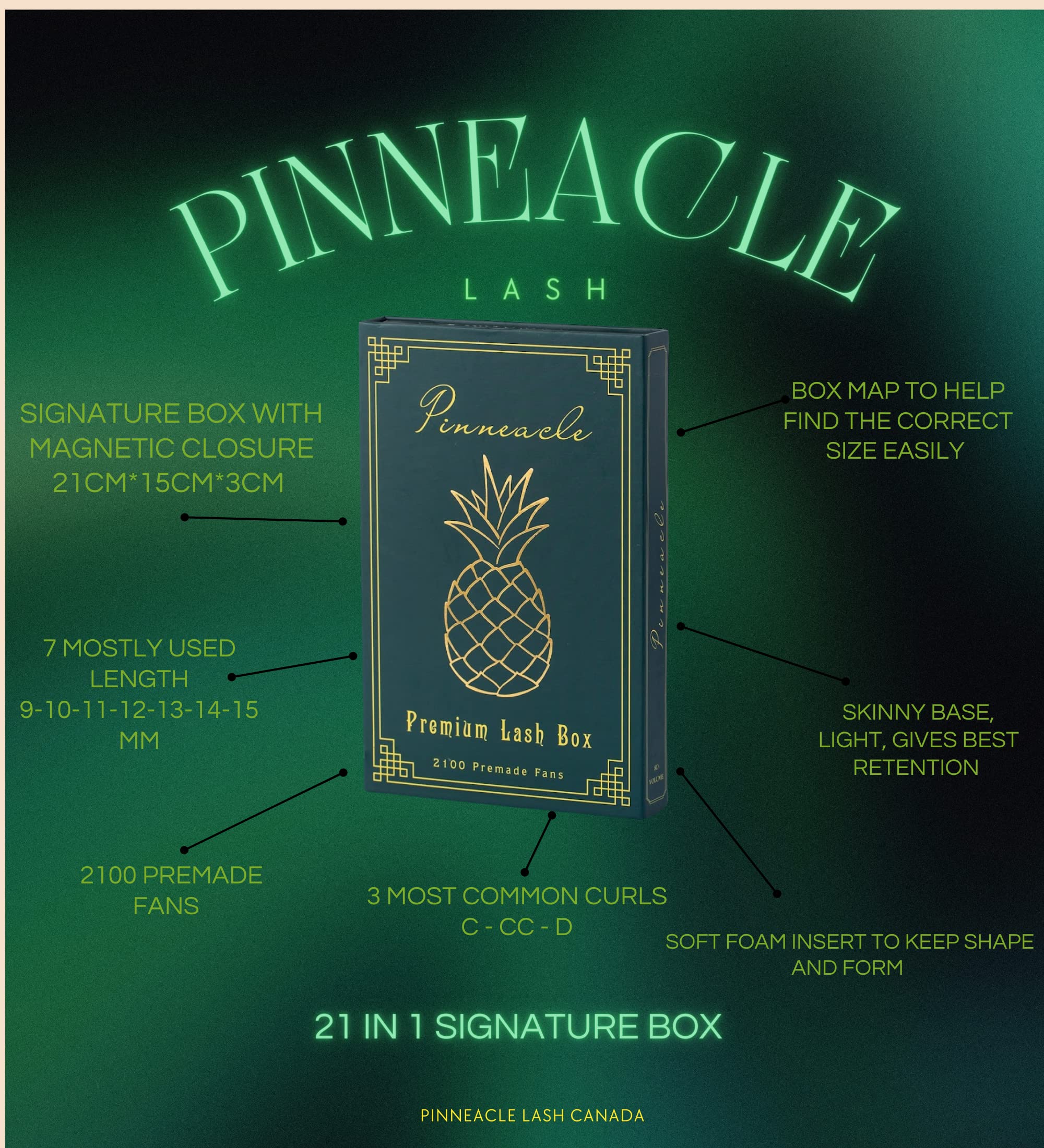 Pinneacle 2100 Premade Volume Fans – 21 Sizes in 1 Box (C/CC/D, 9–15mm) for Beginners