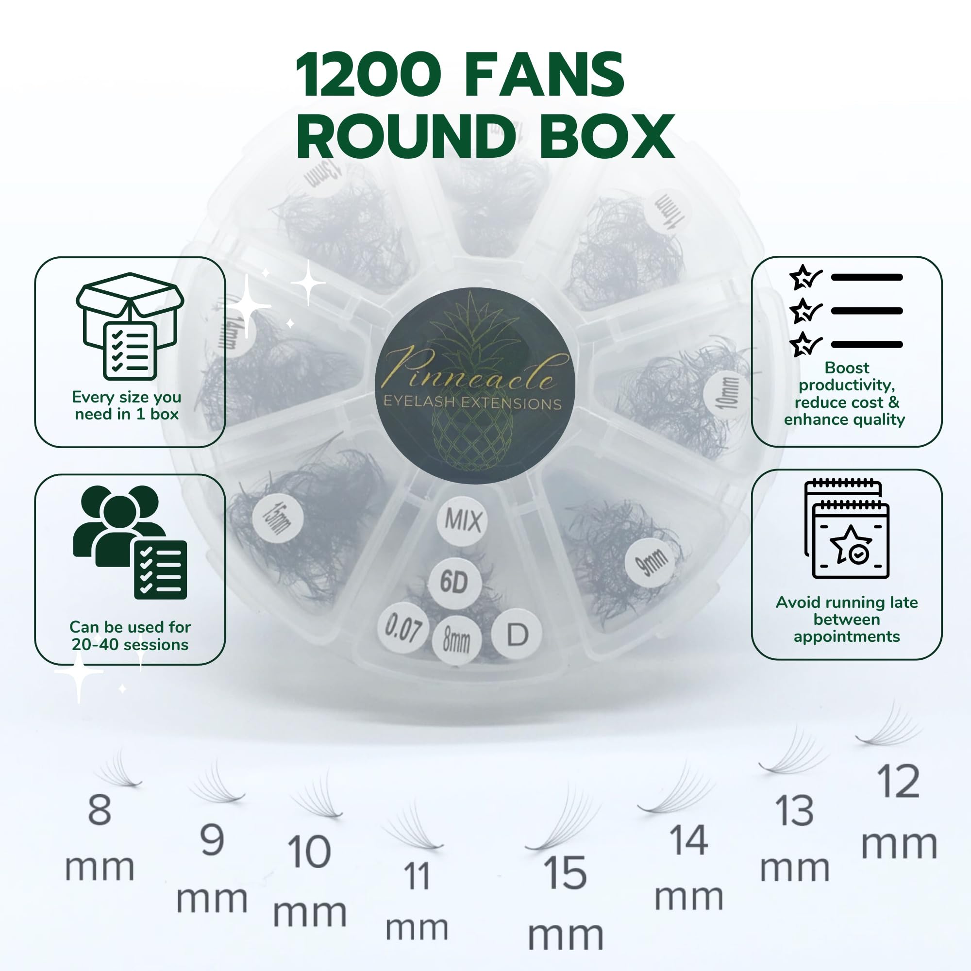 6D 1200 Premade Volume Fans – 9–16mm, 8 Curl Options (C CC D M L) 0.07mm | For Pro Lash Artists | Pinneacle