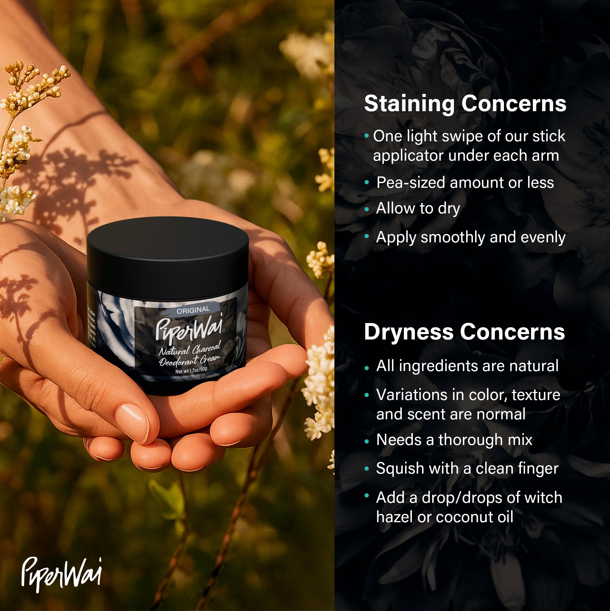PiperWai Natural Deodorant Cream – Aluminum-Free, Activated Charcoal & Magnesium | Vegan 2 oz Jar (2-Pack)