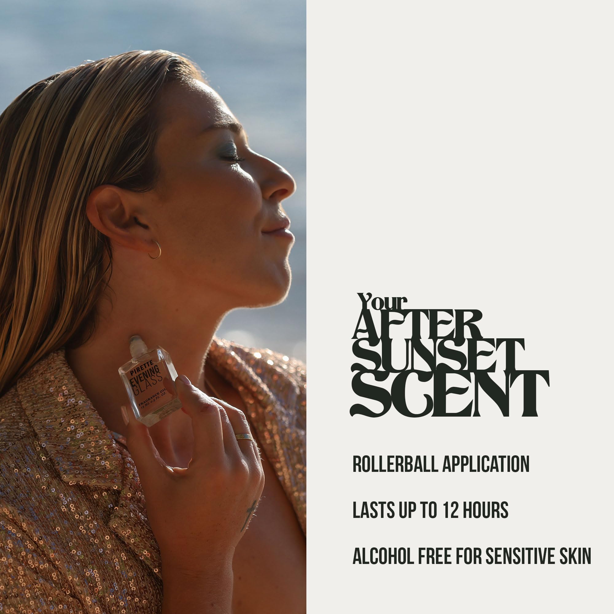 PIRETTE Evening Glass Roll-On Fragrance – Beach-Inspired Scent with Dark Coconut, Warm Wood & Smoky Vanilla
