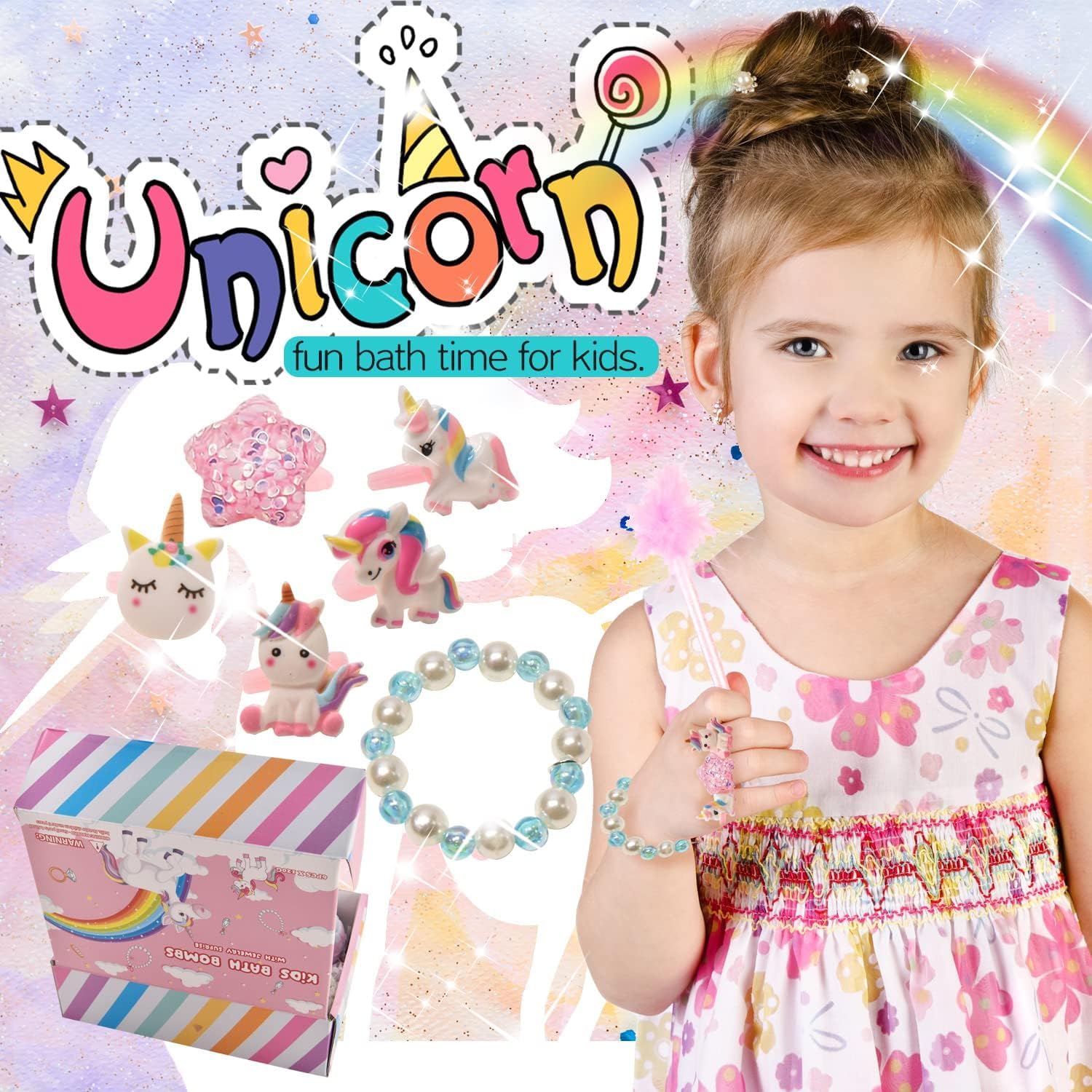 Piroo Unicorn Bath Bombs for Kids – Surprise Jewelry Inside (6-Pack) | Bath Toys for Girls 4-8