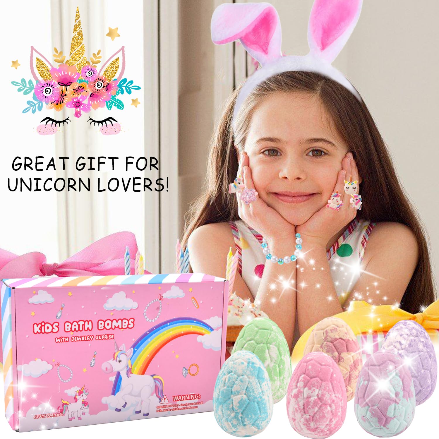Piroo Unicorn Bath Bombs for Kids – Surprise Jewelry Inside (6-Pack) | Bath Toys for Girls 4-8