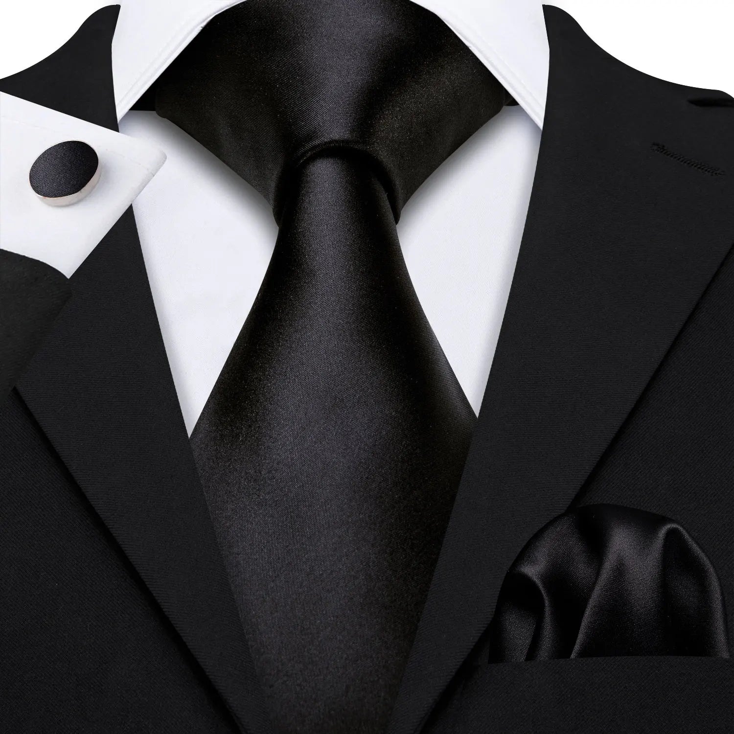 Plain Black Silk Tie - With Matching Cufflinks & Pocket Square