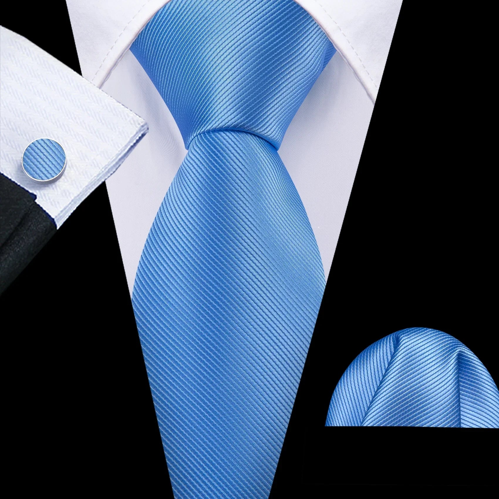 Plain Blue Silk Tie - With Matching Cufflinks & Pocket Square