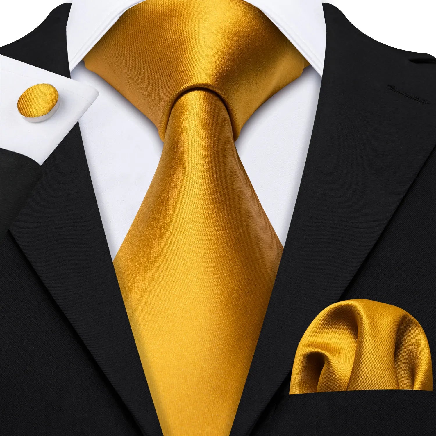 Plain Bright Gold Silk Tie - With Matching Cufflinks & Pocket Square