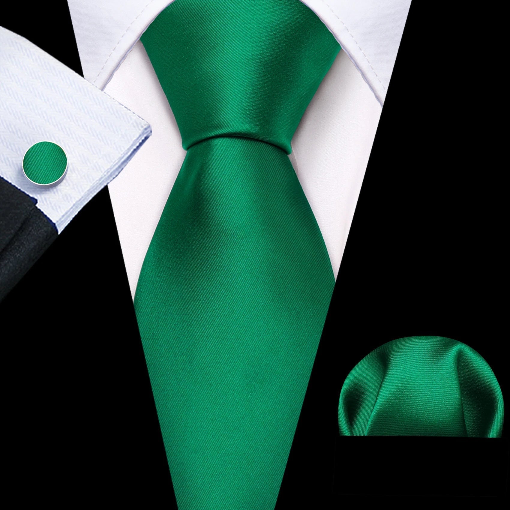 Plain Bright Green Silk Tie - With Matching Cufflinks & Pocket Square