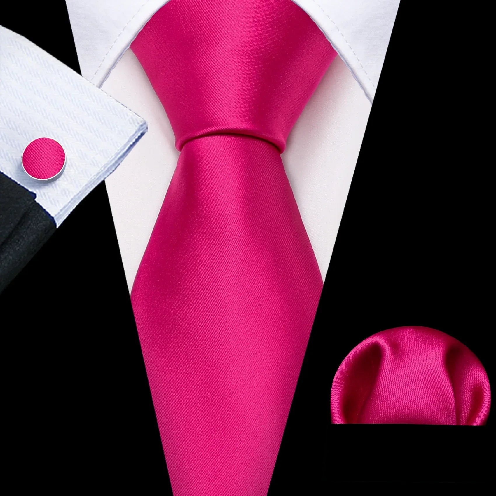 Plain Bright Pink Silk Tie - With Matching Cufflinks & Pocket Square
