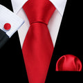 Plain Bright Red Silk Tie - With Matching Cufflinks & Pocket Square