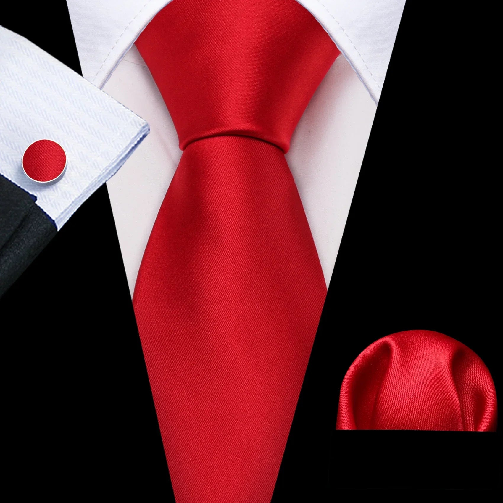 Plain Bright Red Silk Tie - With Matching Cufflinks & Pocket Square