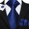 Plain Dark Blue Textured Silk Tie - With Matching Cufflinks & Pocket Square