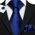 Plain Dark Blue Silk Tie - With Matching Cufflinks & Pocket Square