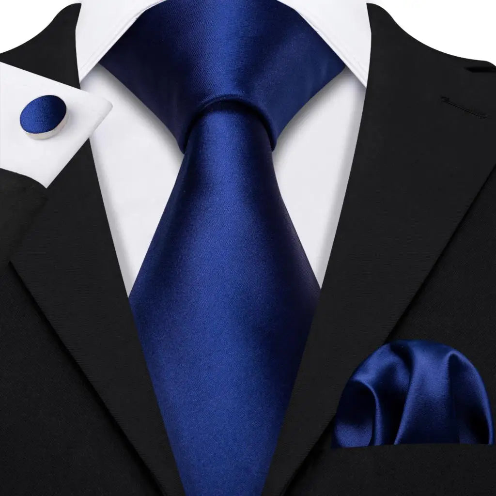Plain Dark Blue Silk Tie - With Matching Cufflinks & Pocket Square