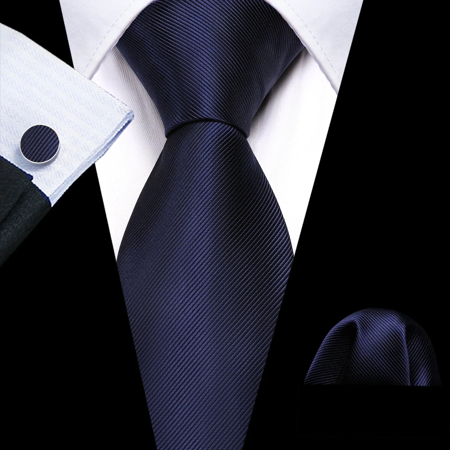 Plain Dark Blue Silk Tie - With Matching Cufflinks & Pocket Square