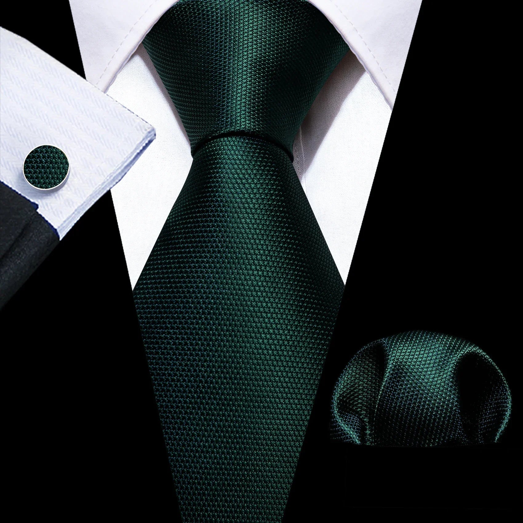 Plain Dark Green Silk Tie - With Matching Cufflinks & Pocket Square
