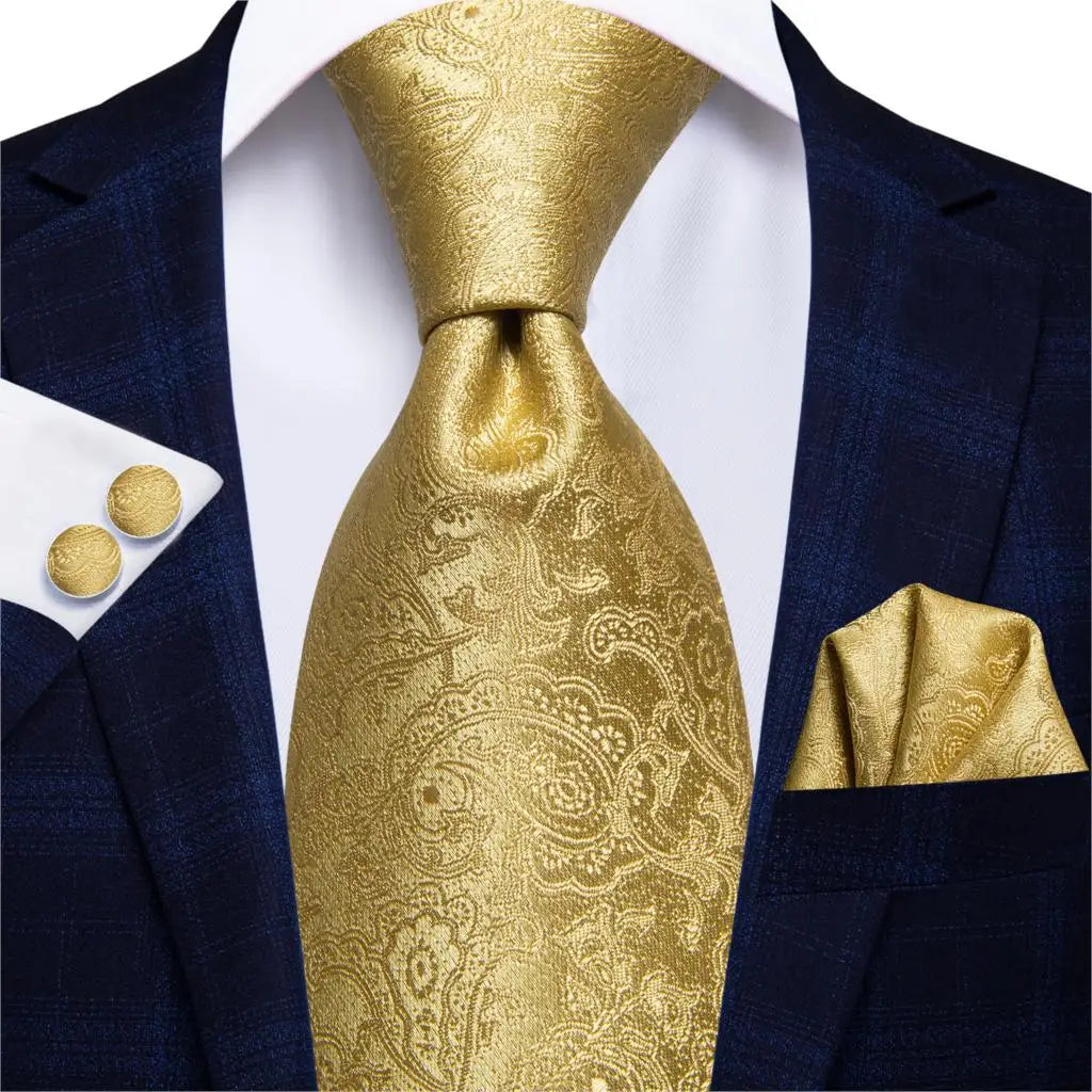 Plain Gold Paisley Silk Tie - With Matching Cufflinks & Pocket Square