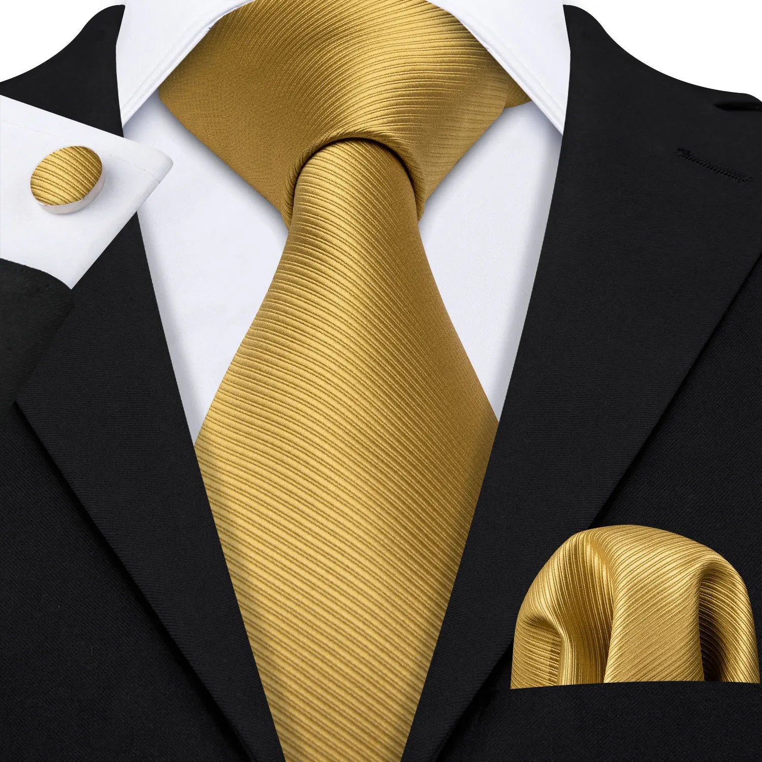 Plain Gold Textured Silk Tie - With Matching Cufflinks & Pocket Square