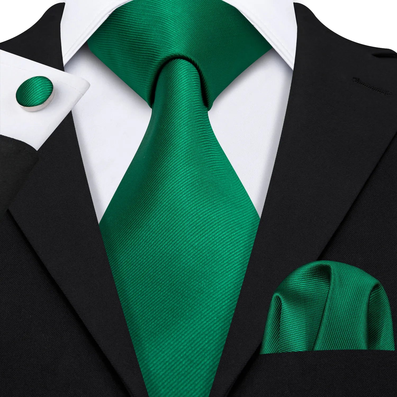 Plain Green Textured Silk Tie - With Matching Cufflinks & Pocket Square