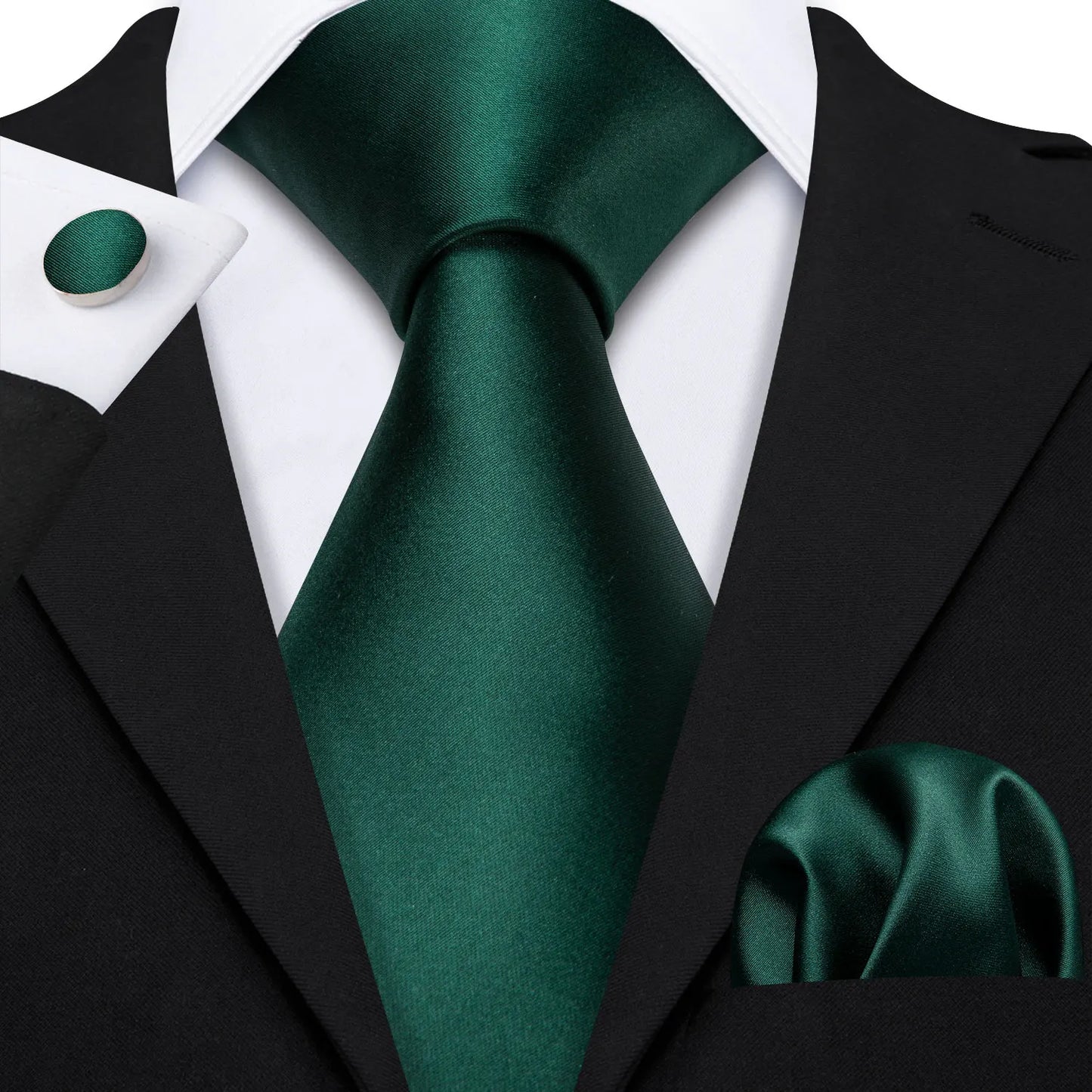 Plain Green Silk Tie - With Matching Cufflinks & Pocket Square