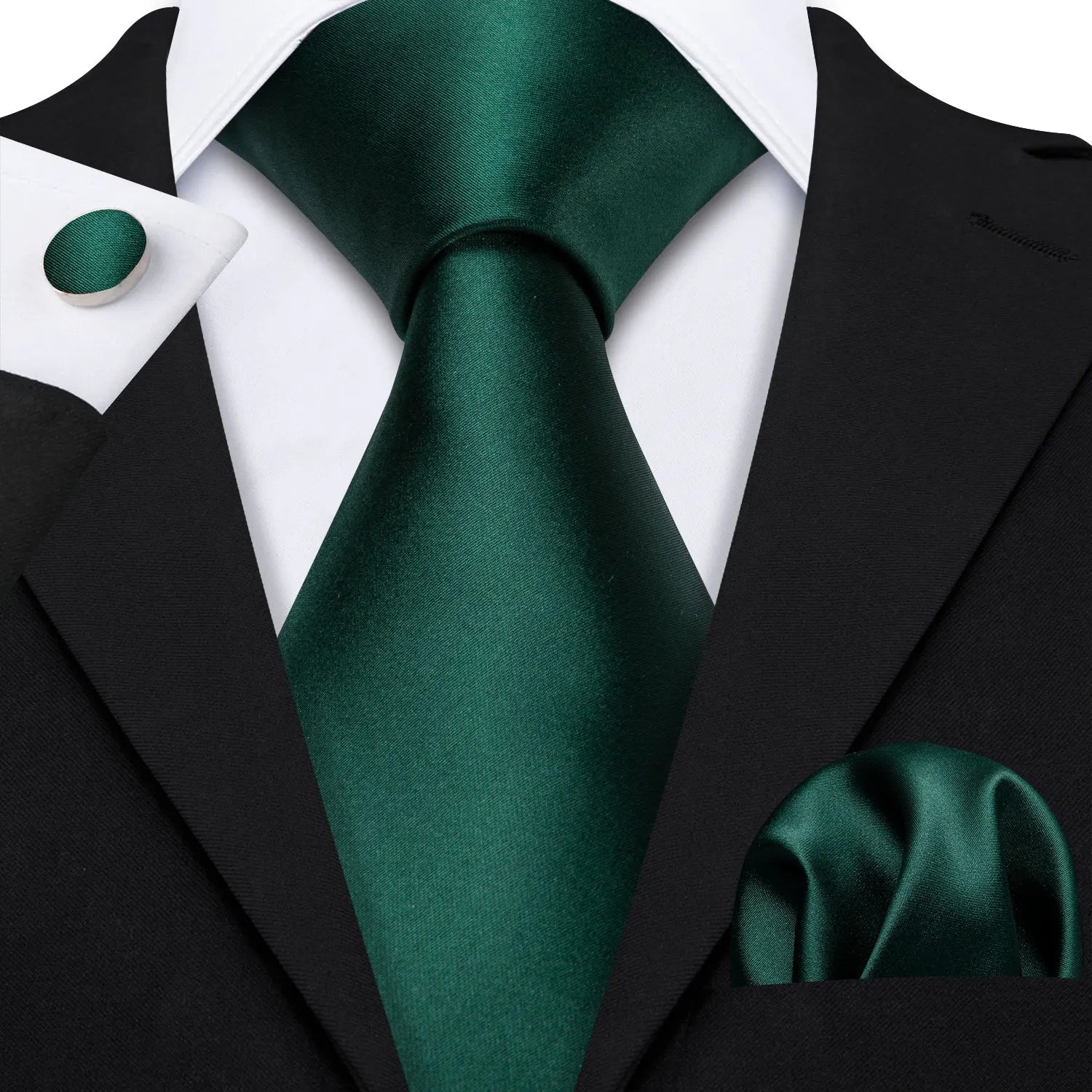 Plain Green Silk Tie - With Matching Cufflinks & Pocket Square