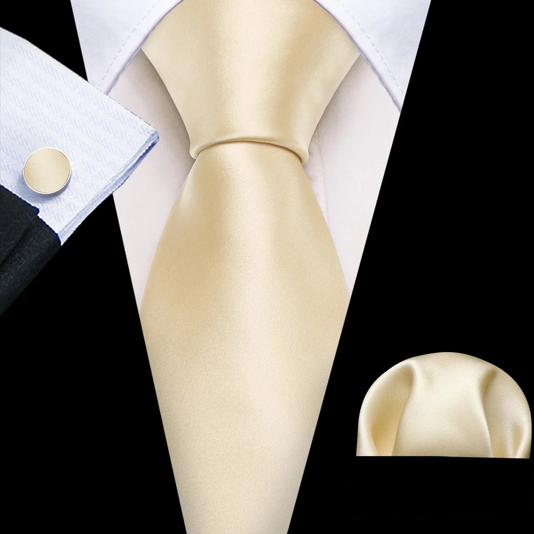 Plain Light Gold Silk Tie - With Matching Cufflinks & Pocket Square