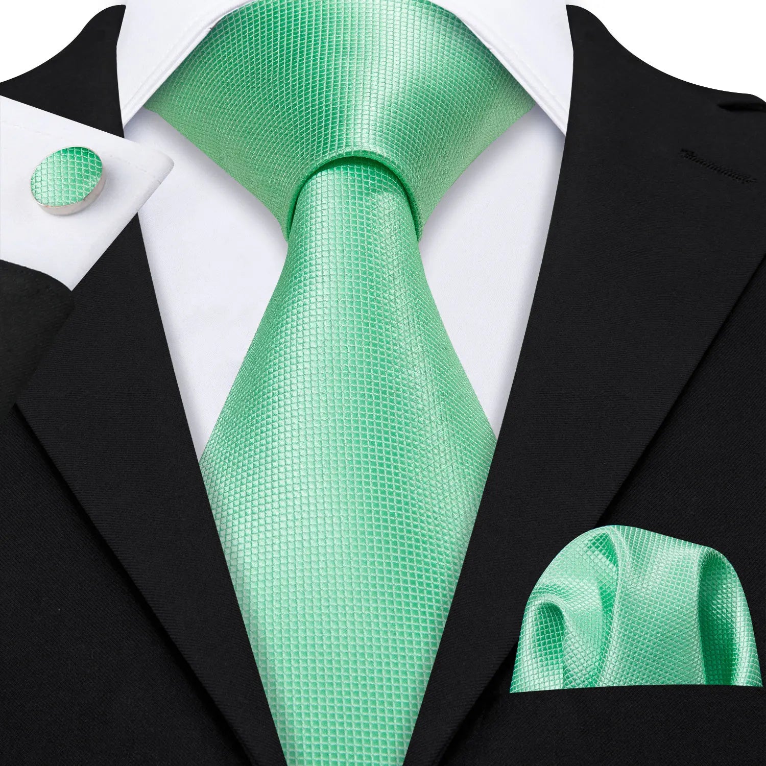 Plain Light Green Textured Silk Tie - With Matching Cufflinks & Pocket Square