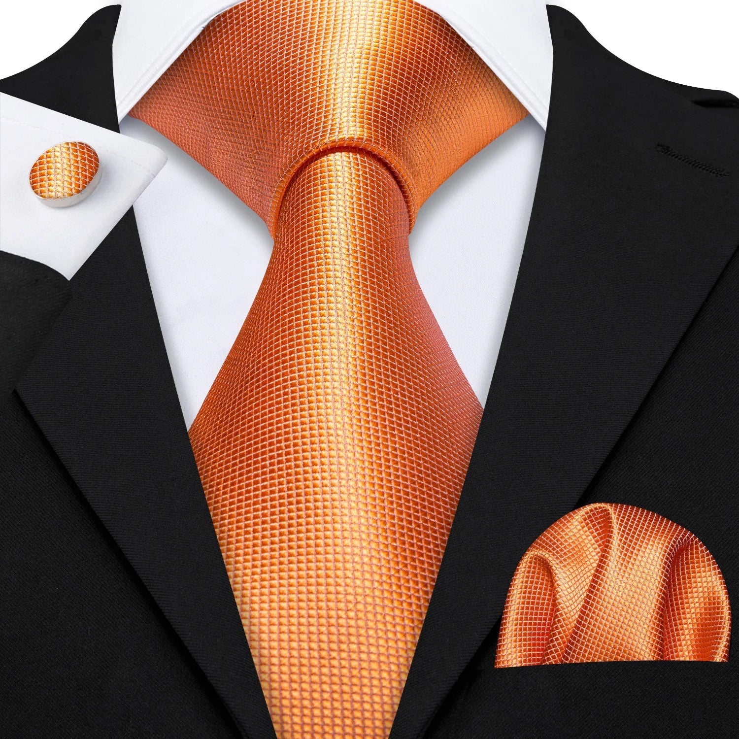 Plain Orange Silk Tie - With Matching Cufflinks & Pocket Square