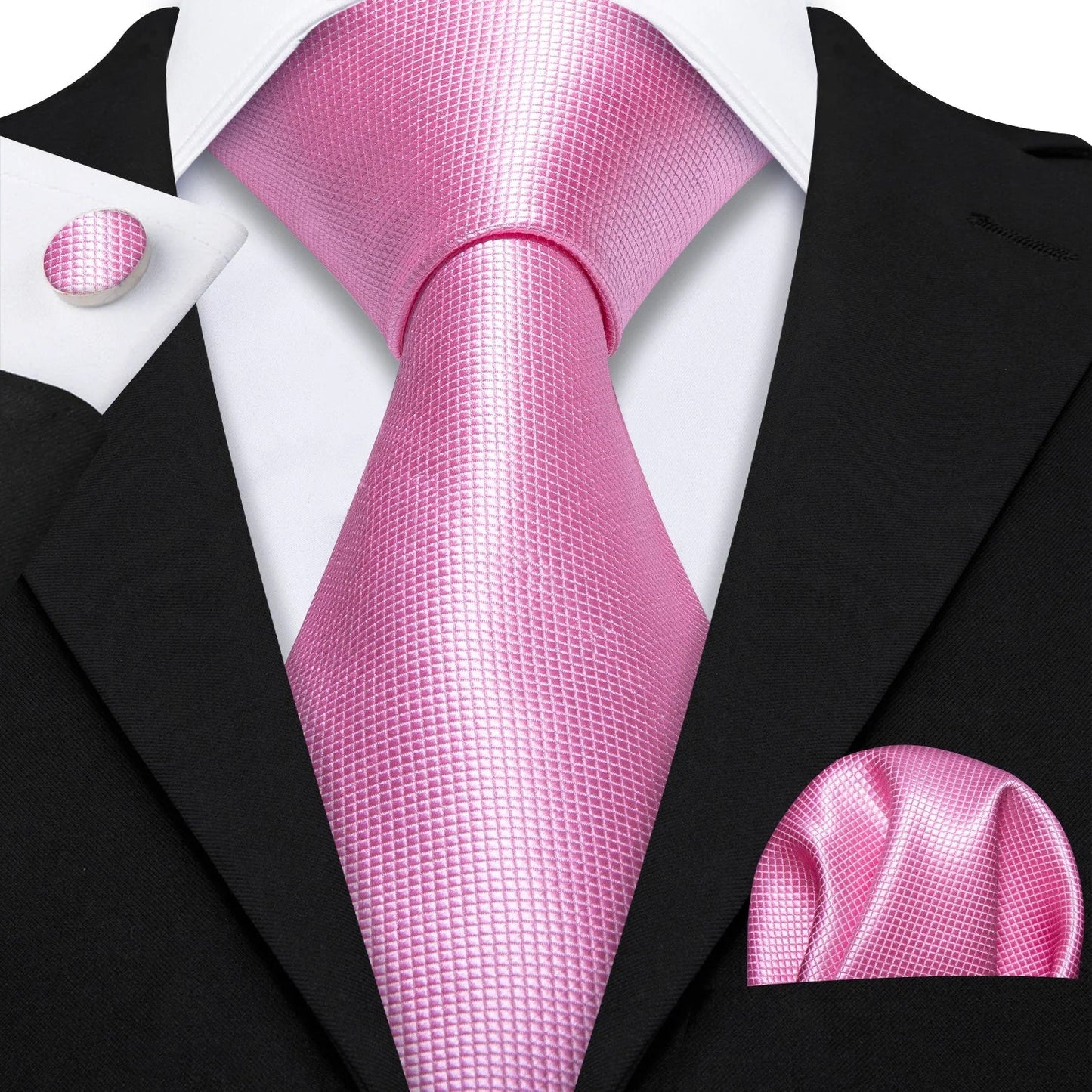 Plain Pink Textured Silk Tie - With Matching Cufflinks & Pocket Square