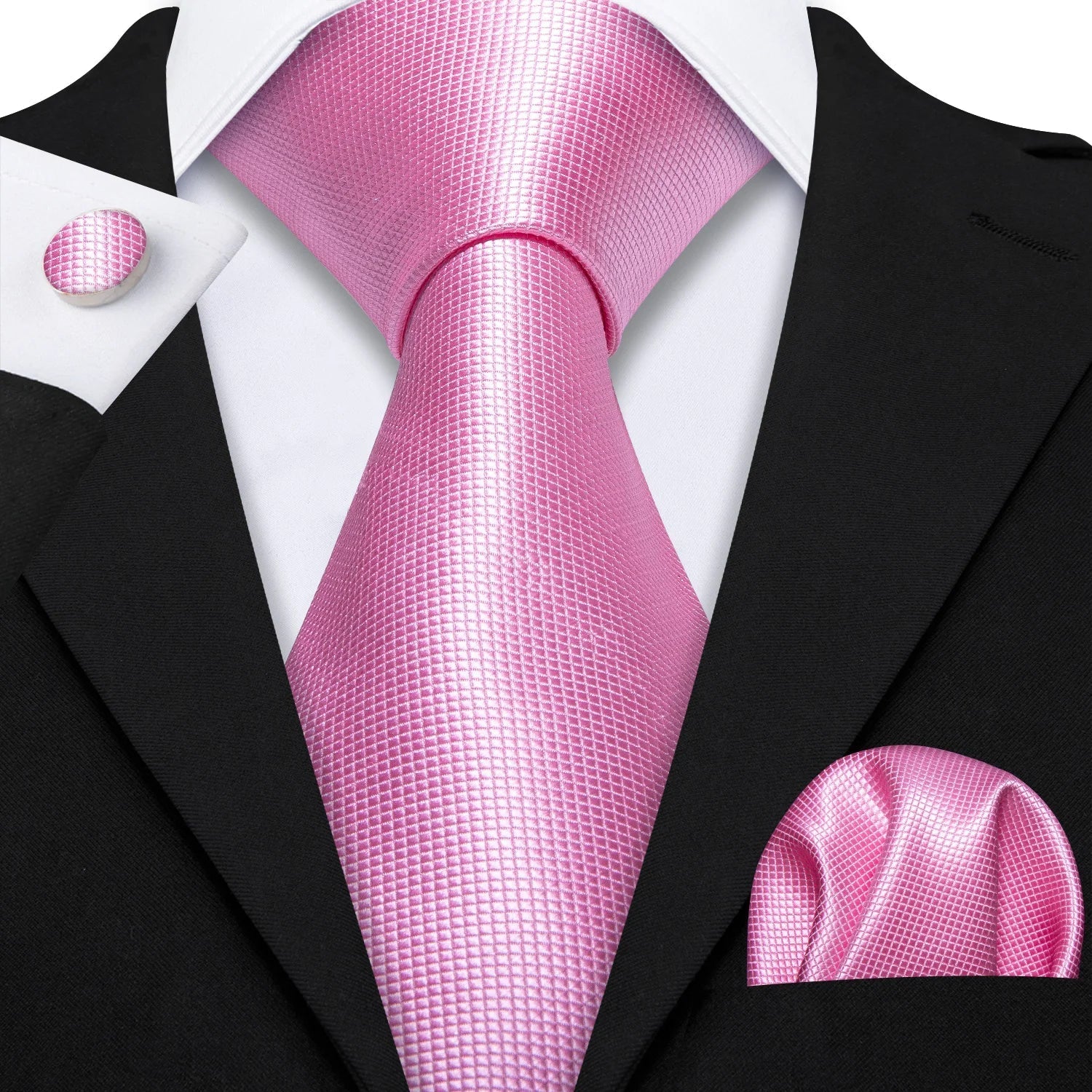 Plain Pink Textured Silk Tie - With Matching Cufflinks & Pocket Square