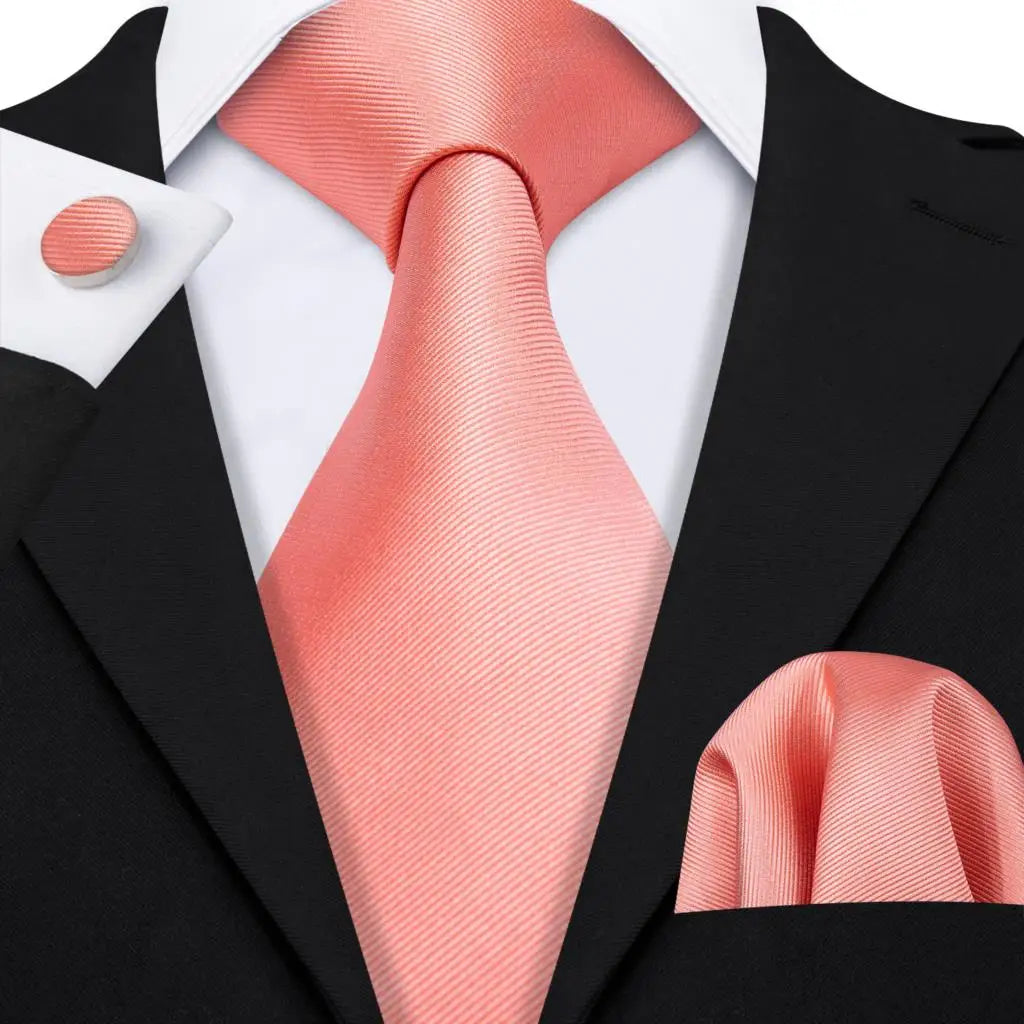Plain Salmon Pink Textured Silk Tie - With Matching Cufflinks & Pocket Square
