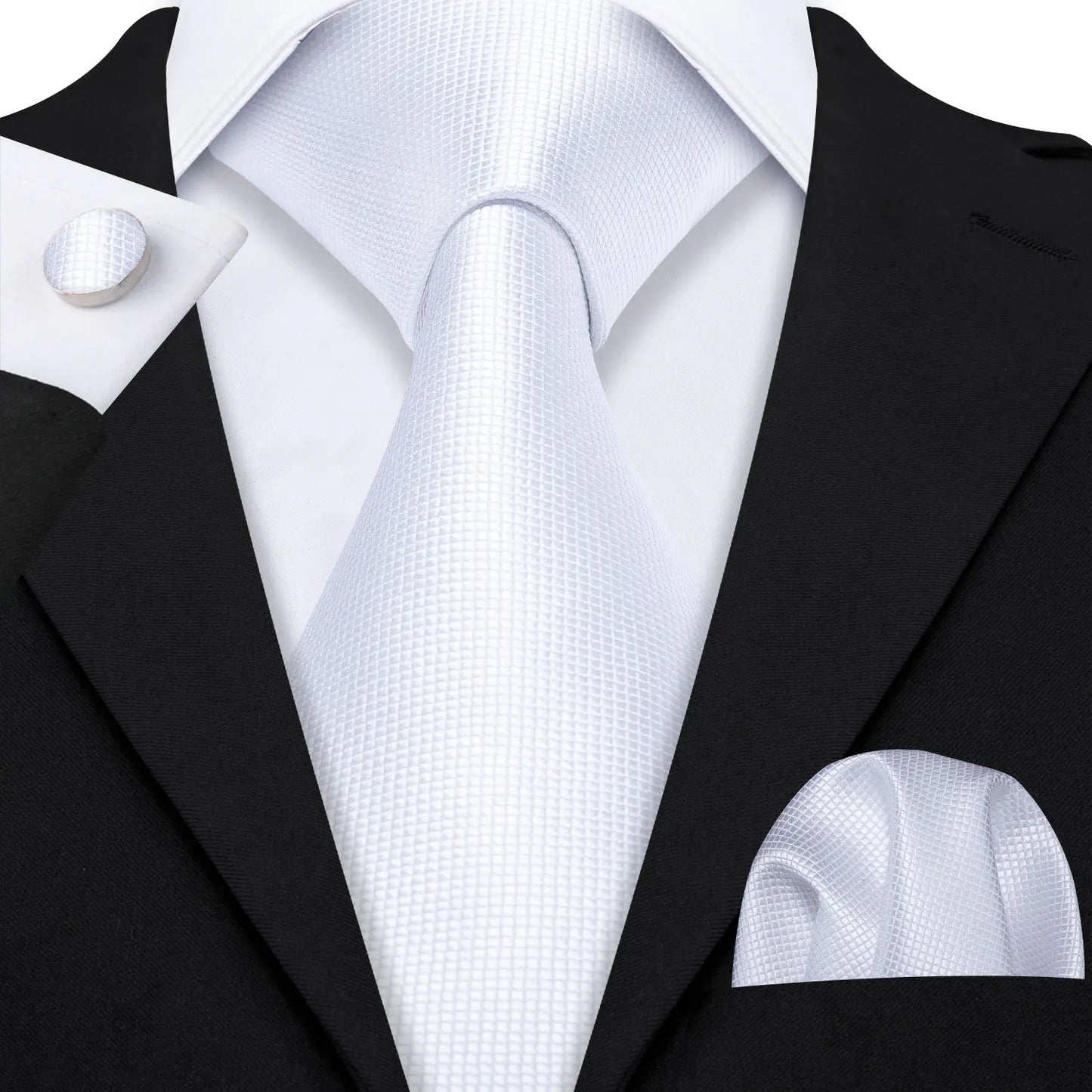 Plain White Textured Silk Tie - With Matching Cufflinks & Pocket Square