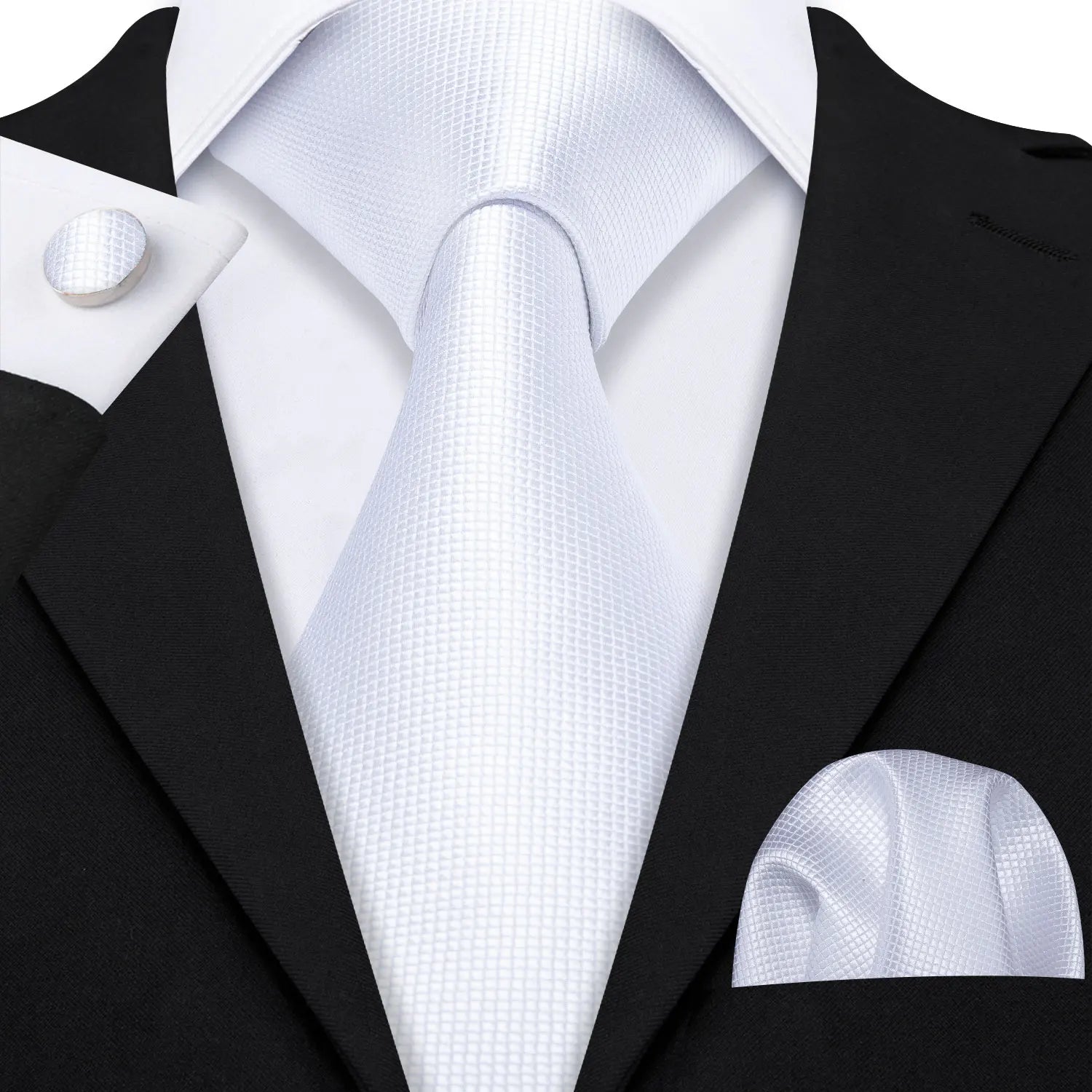 Plain White Textured Silk Tie - With Matching Cufflinks & Pocket Square
