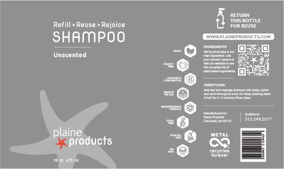 Plaine Products Eco-Friendly Shampoo - Unscented, Sulfate-Free, 16oz Refillable Bottle & Pump