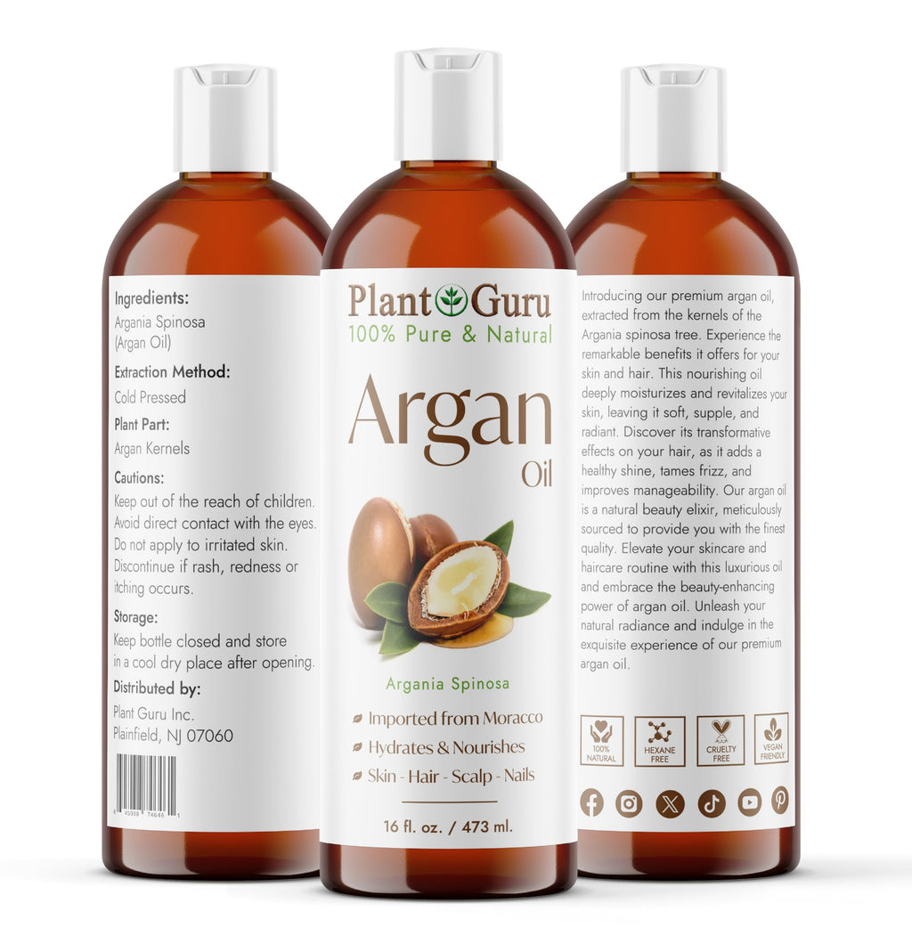 Plant Guru Argan Oil 16oz — Cold-Pressed Morocco Virgin, 100% Pure for Hair, Skin & Body