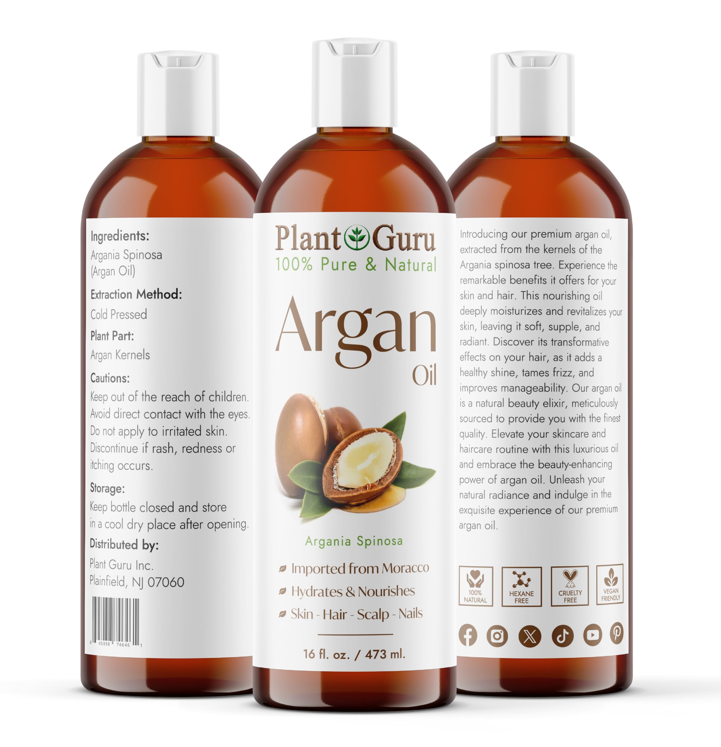 Plant Guru Argan Oil 16oz — Cold-Pressed Morocco Virgin, 100% Pure for Hair, Skin & Body