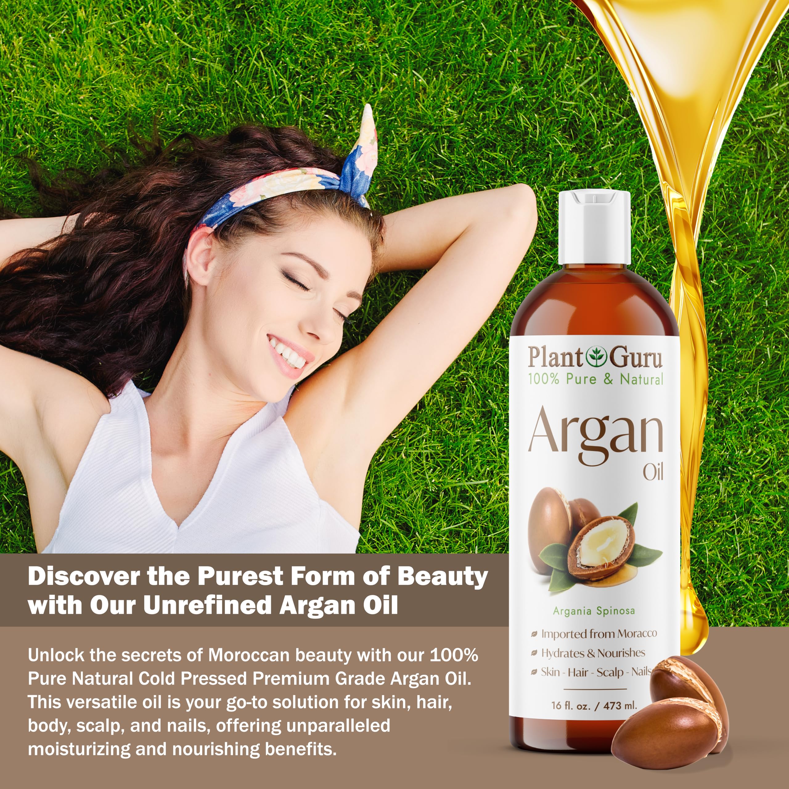 Plant Guru Argan Oil 16oz — Cold-Pressed Morocco Virgin, 100% Pure for Hair, Skin & Body