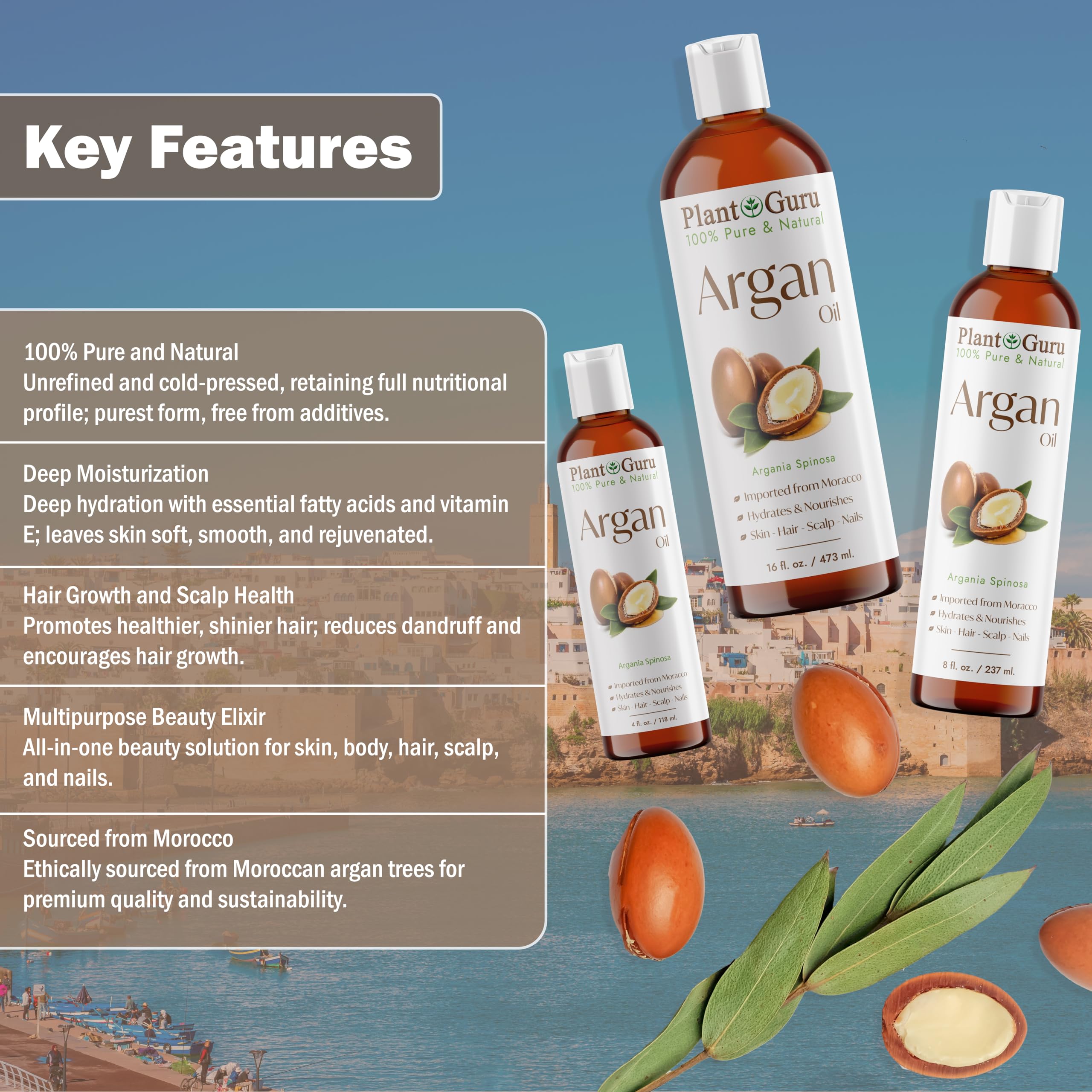 Plant Guru Argan Oil 16oz — Cold-Pressed Morocco Virgin, 100% Pure for Hair, Skin & Body