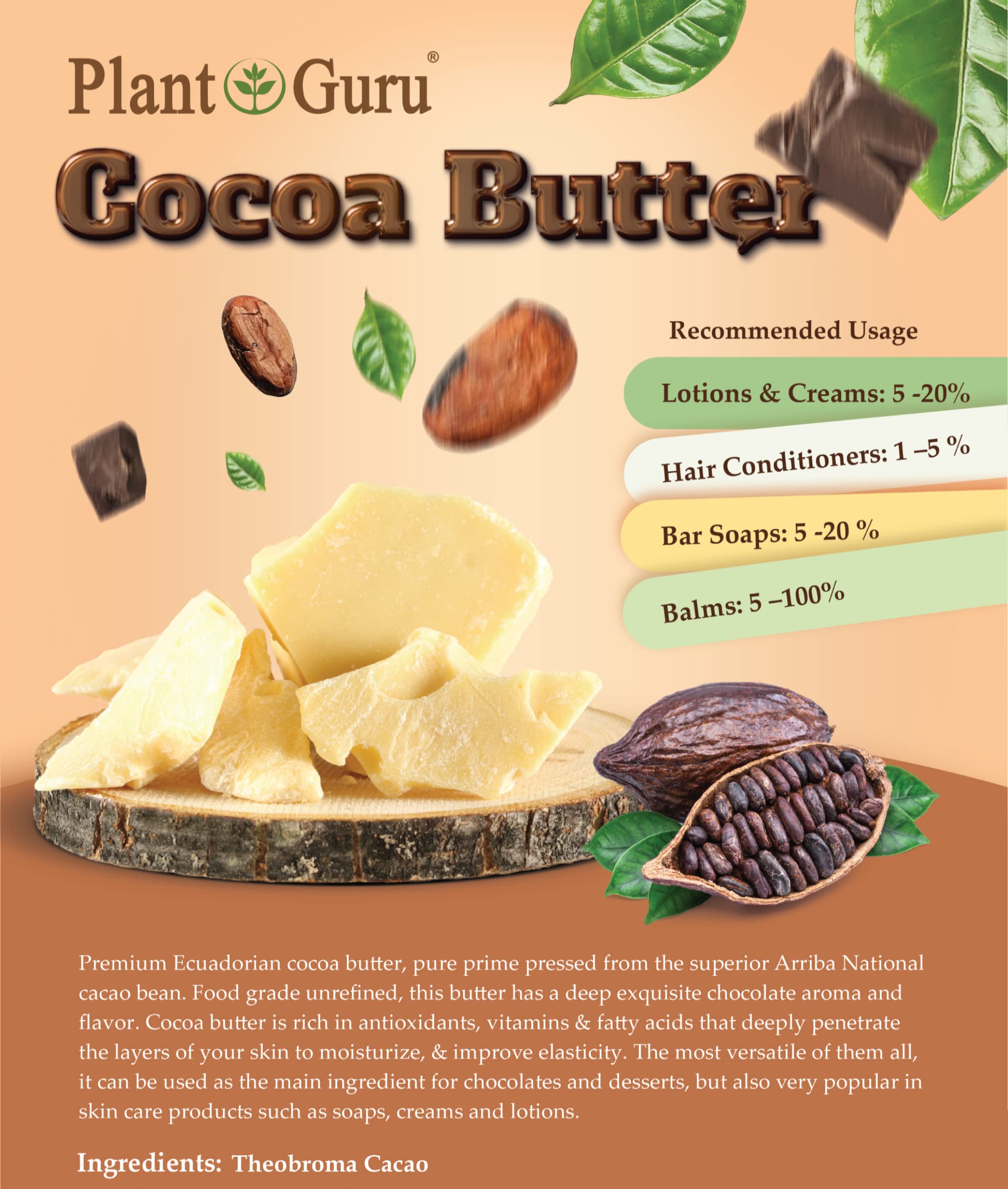 Plant Guru Raw Cocoa Butter 5 lbs Bulk | 100% Pure Arriba Nacional Cacao, Food Grade