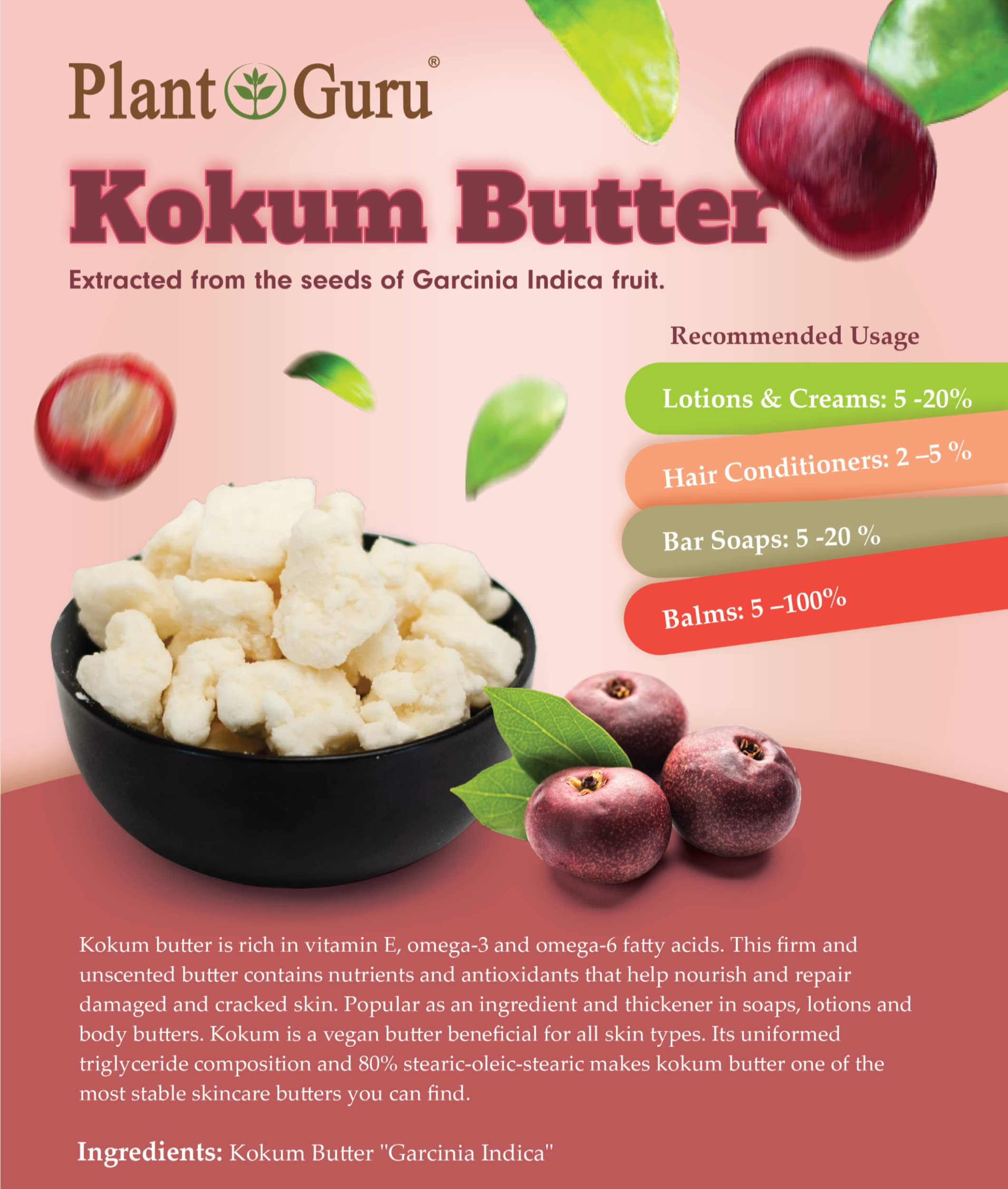 Plant Guru Raw Kokum Butter - 3 lbs Pure Vegan Skin & Hair Moisturizer