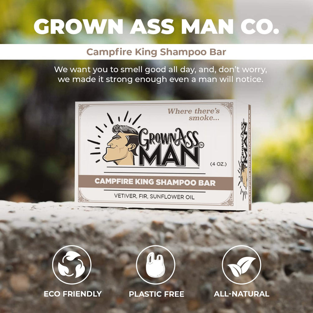 Grown Ass Man Co. Campfire King Solid Shampoo Bar — 3-in-1 Hair, Beard & Body, Plastic Free