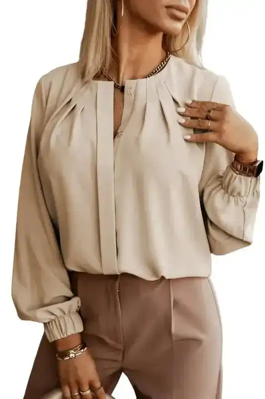 Pleated Neck Stretch Cuff Shirt